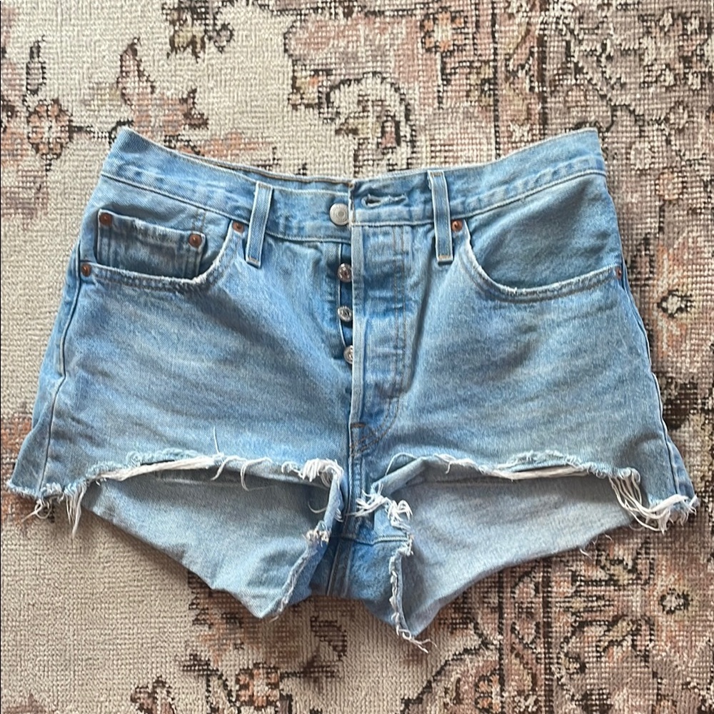 Levi's Blue Jean Shorts High-Waisted Frayed Hem
